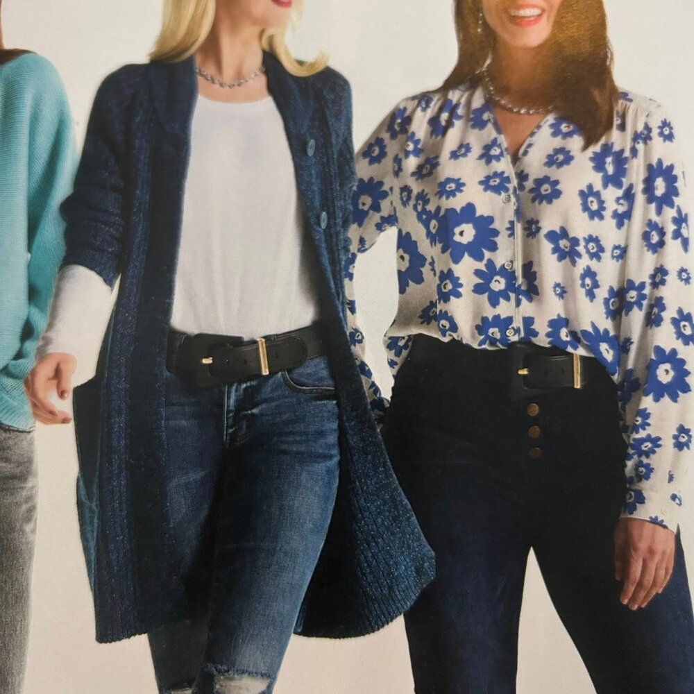CAbi Blue Floral Button-Front Blouse and Navy Open Cardigan Duo
